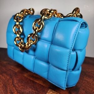 Bottega Veneta Blue Quilted Shoulder Bag with Gold Chain